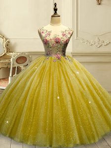 Gold Ball Gown Prom Dress Military Ball and Sweet 16 and Quinceanera with Appliques and Sequins Scoop Sleeveless Lace Up