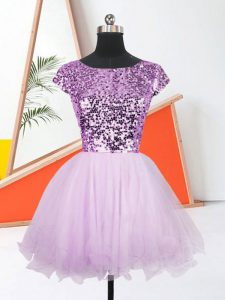 Luxury Lilac Lace Up Prom Dress Sequins Sleeveless Mini Length