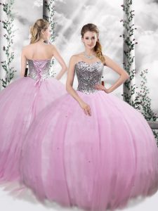 Best Lace Up Sweet 16 Quinceanera Dress Lilac for Military Ball and Sweet 16 and Quinceanera with Beading Brush Train