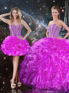 Fantastic Fuchsia Mermaid Organza Sweetheart Sleeveless Beading and Ruffles Floor Length Lace Up 15th Birthday Dress