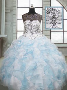 Admirable Sleeveless Floor Length Beading and Ruffles Lace Up 15 Quinceanera Dress with Blue And White