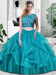 Scoop Sleeveless Quinceanera Dress Floor Length Lace and Embroidery and Ruffles Teal Tulle