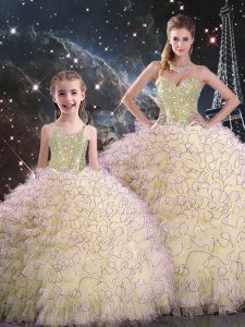 Traditional Light Yellow Ball Gowns Beading and Ruffles Sweet 16 Quinceanera Dress Lace Up Organza Sleeveless Floor Length