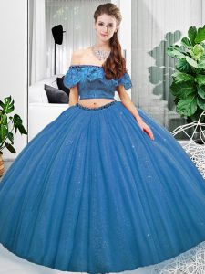 Blue Organza Lace Up Off The Shoulder Sleeveless Floor Length Vestidos de Quinceanera Lace