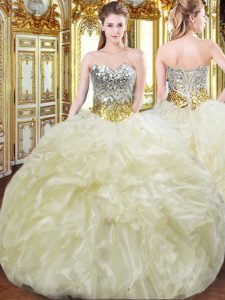 Vintage Floor Length Lace Up Sweet 16 Dresses Light Yellow for Military Ball and Sweet 16 and Quinceanera with Beading and Ruffles