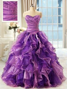 Modest Floor Length Eggplant Purple 15 Quinceanera Dress Organza Sleeveless Beading and Ruffles