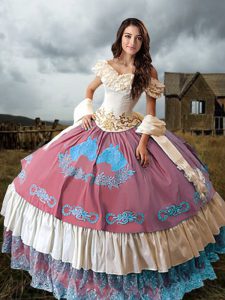 Hot Selling Multi-color Quinceanera Gowns Military Ball and Sweet 16 and Quinceanera with Embroidery and Ruffled Layers Off The Shoulder Sleeveless Brush Train Lace Up