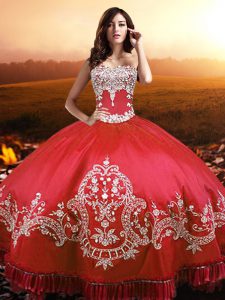 Colorful Coral Red Lace Up Ball Gown Prom Dress Beading and Appliques and Embroidery Sleeveless Floor Length