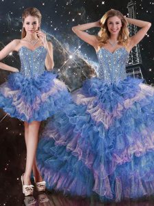 Organza Sweetheart Sleeveless Lace Up Beading and Ruffled Layers and Sequins Quinceanera Dress in Multi-color