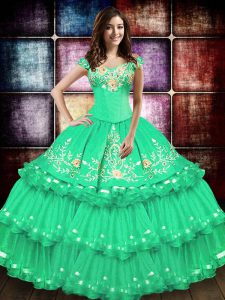 Affordable Turquoise Ball Gowns Off The Shoulder Sleeveless Taffeta Floor Length Lace Up Embroidery and Ruffled Layers Sweet 16 Quinceanera Dress