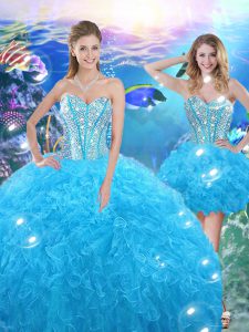 Baby Blue Sweetheart Lace Up Beading and Ruffles Quince Ball Gowns Sleeveless