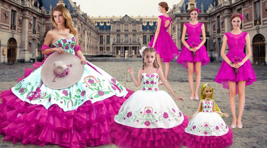 Fuchsia Vestidos de Quinceanera Military Ball and Sweet 16 and Quinceanera with Embroidery and Ruffled Layers Sweetheart Sleeveless Lace Up