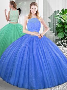 Classical Scoop Sleeveless Quinceanera Dresses Floor Length Lace and Ruching Baby Blue Organza