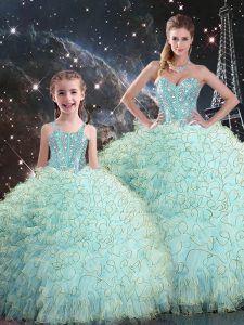 Lovely Floor Length Light Blue 15th Birthday Dress Organza Sleeveless Beading and Ruffles