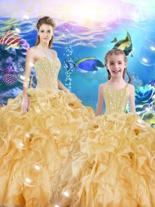Decent Gold Ball Gowns Organza Sweetheart Sleeveless Beading and Ruffles Floor Length Lace Up Quinceanera Dress