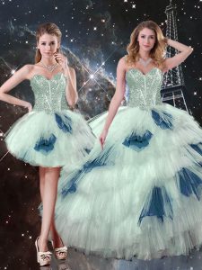 Extravagant Ruffled Layers Quince Ball Gowns Blue And White Lace Up Sleeveless Floor Length