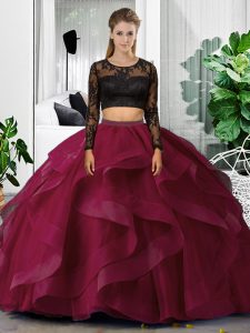 Fancy Fuchsia Backless Scoop Lace and Ruffles Quince Ball Gowns Tulle Long Sleeves