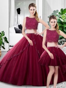 Tulle Scoop Sleeveless Zipper Lace and Ruching Sweet 16 Dresses in Fuchsia
