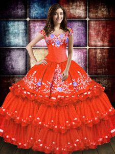 Beauteous Orange Red Sweet 16 Dresses Military Ball and Sweet 16 and Quinceanera with Embroidery and Ruffled Layers Off The Shoulder Sleeveless Lace Up