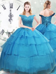 Spectacular Off The Shoulder Sleeveless Quinceanera Dress Brush Train Beading and Ruffled Layers Baby Blue Organza