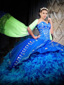 Sleeveless Organza Brush Train Lace Up 15 Quinceanera Dress in Royal Blue with Embroidery and Ruffles
