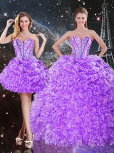 Custom Fit Floor Length Lace Up Quince Ball Gowns Lavender for Military Ball and Sweet 16 and Quinceanera with Beading and Ruffles