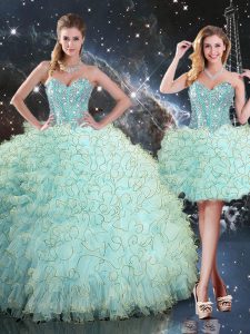 Glamorous Sleeveless Organza Floor Length Lace Up Sweet 16 Quinceanera Dress in Turquoise with Beading and Ruffles