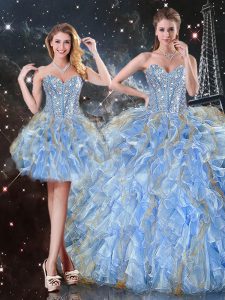 Great Organza Sweetheart Sleeveless Lace Up Beading and Ruffles Quinceanera Dresses in Light Blue
