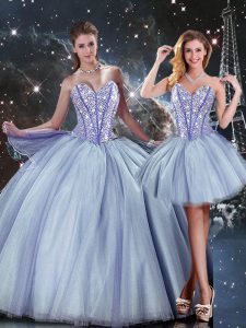 Latest Blue Ball Gowns Sweetheart Sleeveless Tulle Floor Length Lace Up Beading Vestidos de Quinceanera