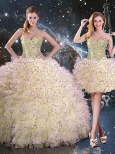 Customized Sleeveless Organza Floor Length Lace Up Quinceanera Dresses in Light Yellow with Beading and Ruffles