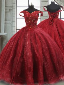 Wine Red Vestidos de Quinceanera Military Ball and Sweet 16 and Quinceanera with Beading Off The Shoulder Sleeveless Brush Train Lace Up