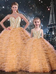 Fitting Orange Ball Gowns Tulle Sweetheart Sleeveless Beading and Ruffles Floor Length Lace Up Sweet 16 Quinceanera Dress