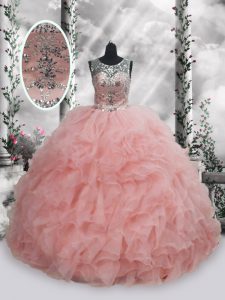 Flare Floor Length Baby Pink Vestidos de Quinceanera Scoop Sleeveless Lace Up