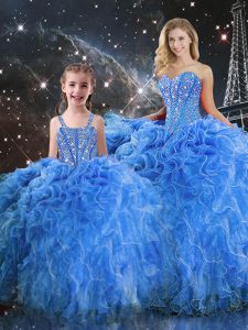 Baby Blue Ball Gowns Sweetheart Sleeveless Organza Floor Length Lace Up Beading and Ruffles Ball Gown Prom Dress