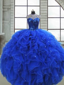 Ideal Royal Blue Sleeveless Ruffles and Sequins Floor Length Quinceanera Dresses