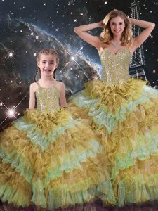 Inexpensive Multi-color Sweetheart Lace Up Beading and Ruffled Layers and Sequins Quinceanera Gowns Sleeveless