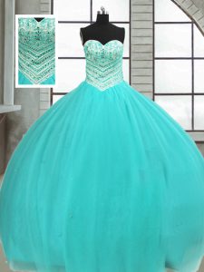 Fantastic Turquoise Ball Gowns Sweetheart Sleeveless Tulle Floor Length Lace Up Beading Quinceanera Gown