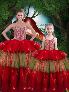 Modest Wine Red Quinceanera Gowns Military Ball and Sweet 16 and Quinceanera with Beading and Ruffled Layers Sweetheart Sleeveless Lace Up