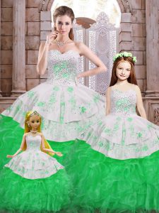 Green Lace Up Quinceanera Gowns Beading and Appliques and Ruffles Sleeveless Floor Length