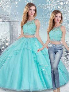 Fabulous Aqua Blue Two Pieces Beading and Lace and Sashes ribbons Sweet 16 Dresses Clasp Handle Tulle Sleeveless Floor Length