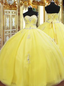 Sleeveless Tulle Floor Length Lace Up Quinceanera Gown in Gold with Beading and Appliques