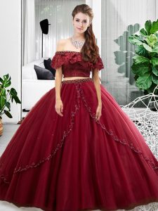 Comfortable Floor Length Burgundy 15th Birthday Dress Tulle Sleeveless Lace and Ruffles