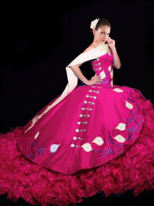 Latest Fuchsia Lace Up Quinceanera Gown Embroidery and Ruffles Sleeveless Brush Train