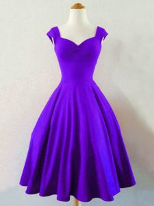 Purple Taffeta Lace Up Straps Sleeveless Knee Length Dama Dress Ruching