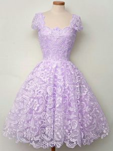 Customized Knee Length Lavender Quinceanera Dama Dress Straps Cap Sleeves Lace Up