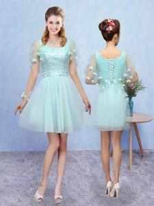 Fancy Aqua Blue Sleeveless Tulle Lace Up Quinceanera Court Dresses for Prom and Party