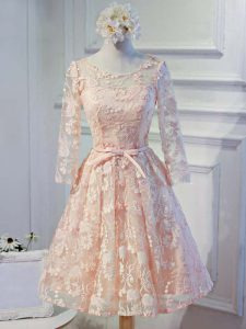 Fabulous Knee Length Peach Prom Gown Scoop Long Sleeves Lace Up