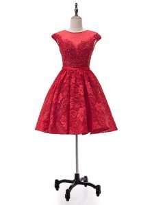 Extravagant Sleeveless Mini Length Beading and Appliques Lace Up Dress for Prom with Red