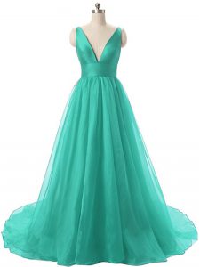 Sleeveless Organza Brush Train Backless in Turquoise with Ruching