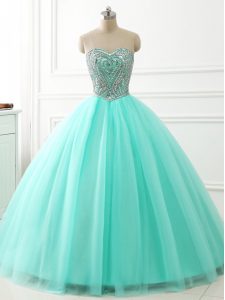 Suitable Floor Length Apple Green Sweet 16 Quinceanera Dress Tulle Sleeveless Beading